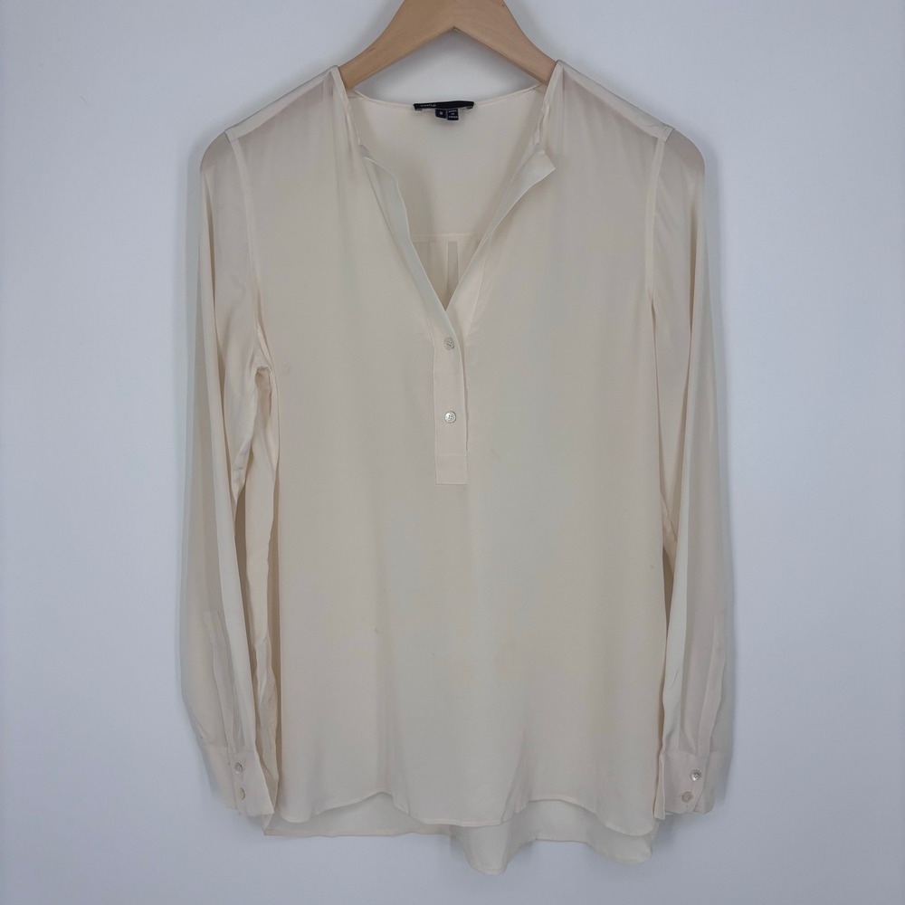 Vince Long Sleeve Henley Blouse Womens 8 Cream Ivory Neutral Assumed Silk *FLAW